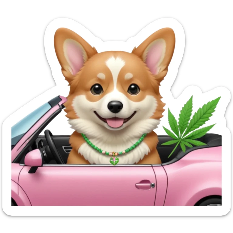 Tan and white Corgi with marijuana necklace sitting in a pink Sport car  sticker