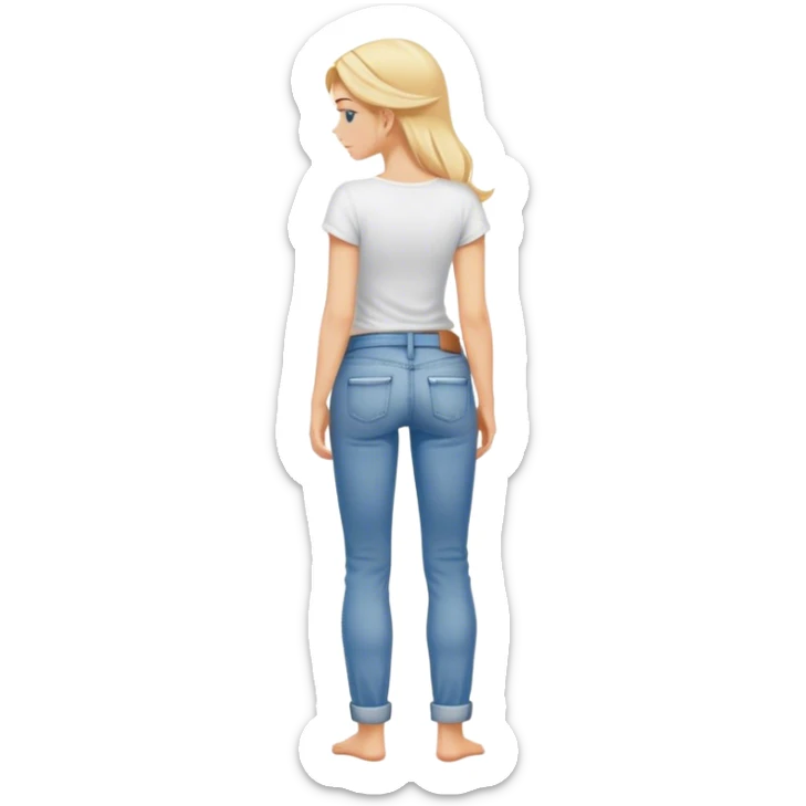 Barefoot blonde girl in rolled up jeans in white top with right hand in back pocket from the back sticker