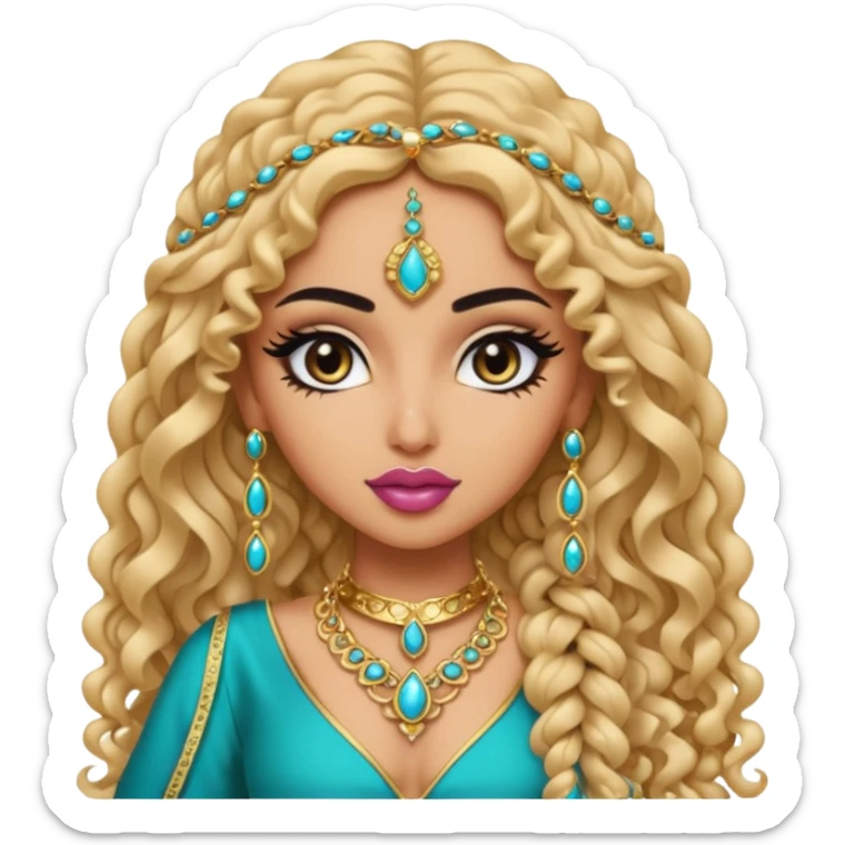 stylish bratz baddie emoji, arabian nose, pretty lips, light skin, long curly hair, black eyeliner, dressed in arabian fashion sticker