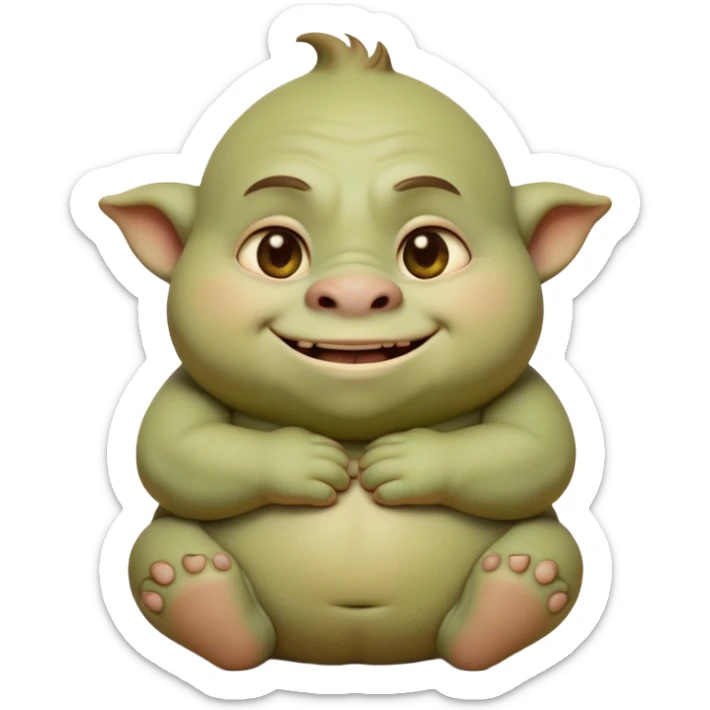 Cinematic Cute Ogre Portrait Emoji, with a surprisingly endearing, plump and huggable figure in soft earthy greens and browns, featuring big, kind eyes and a bashful smile, simplified yet irresistibly adorable, highly detailed with a soft glowing outline that captures the charm of a friendly giant who seems ready for a warm hug! sticker