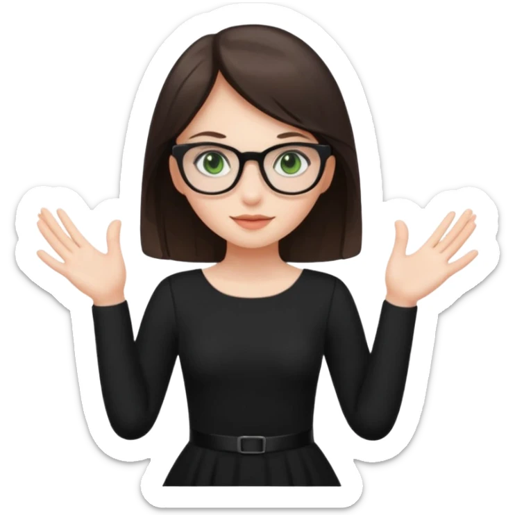 a cute white brunette girl with green eyes in a black dress wearing glasses  with two hands  sticker