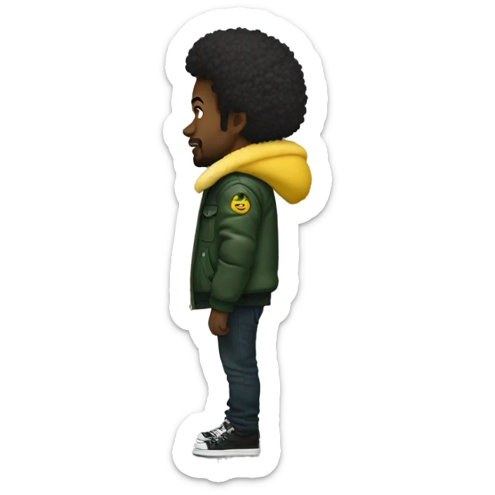 Side profile of a hip hop artist. His arm is pointing down. He's wearing a puffy dark green jacket. The jacket has a furry yellow collar.  sticker
