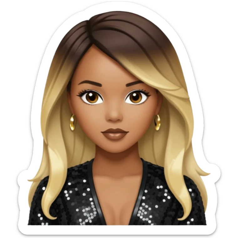 LeToya Luckett with long dark brown hair blonde hair, black sequin outfit sticker