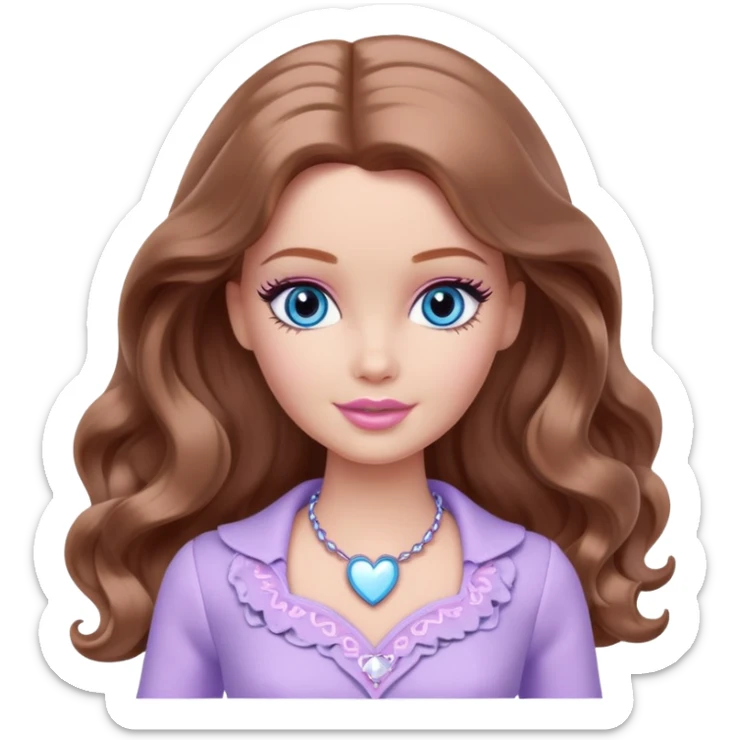 Barbie girl Chestnut long wavy hair and blue eyes is In pale purple clothes There are grey hearts all around sticker