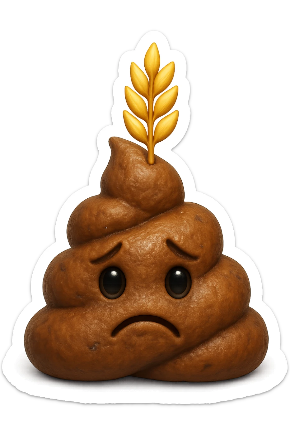 emoji stile iphone di una montagnetta di feci umane realistiche a palline tristi con sopra un simbolo del grano, iperrealistico 4k sticker