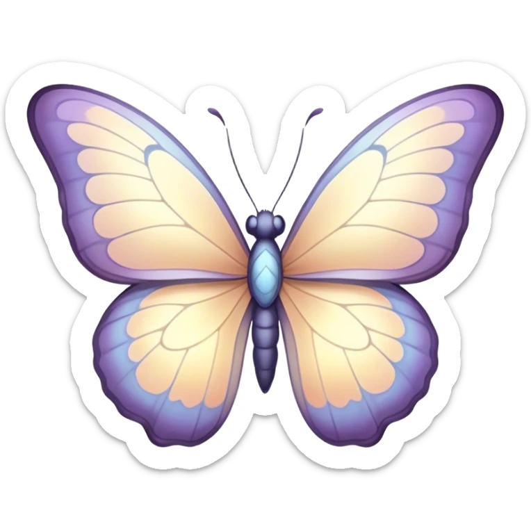 Beautiful and Majestic Butterfly Portrait Emoji, Head and body rendered in serene repose with a gentle, content smile, showcasing a delicately patterned form with softly shimmering wings and eyes peacefully closed in tranquil repose, Simplified yet exquisitely endearing features, highly detailed, glowing with a soft, drowsy pastel light, high shine, relaxed and utterly noble, stylized with an air of timeless natural beauty, soft glowing outline, capturing the essence of a majestic butterfly that embodies the pure enchantment of nature! sticker