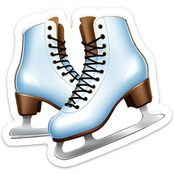 An icon showing a pair of elegant ice skates gliding across a smooth, frozen rink with snowflakes in the air. In the background, twinkling lights, winter trees, and cheering spectators create a festive atmosphere. Transparent background highlights the grace and charm of ice skating. sticker
