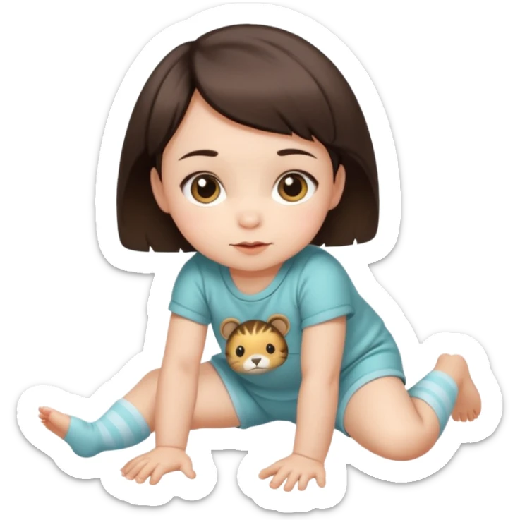 short brunette hair baby crawling on the floor with cute animal symbol clothes sticker