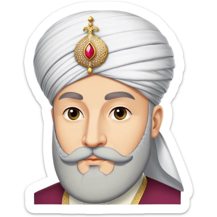 ​Cinematic Realistic Portrait of Suleiman the Magnificent, depicted as a regal Ottoman sultan adorned with a large, white, round, tall turban and a majestic grey beard, his commanding gaze bathed in warm, historic lighting that exudes timeless authority and grandeur, sticker