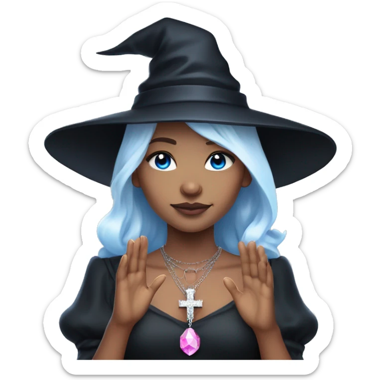 pale young witch wearing a low cut black dress, a pink crystal necklace, and a witch hat, with white hair and bright blue eyes, making prayer hands sticker