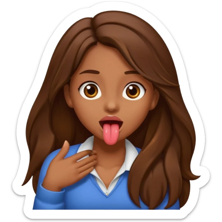 a girl with brown long hair and brown eyes holding her neck with her tongue out sticker