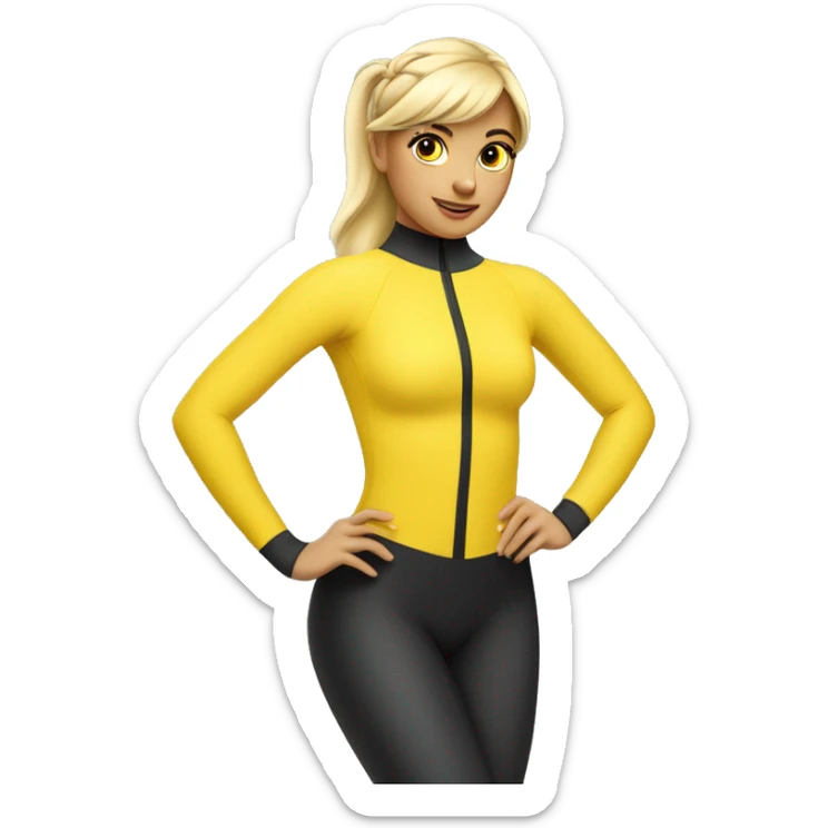 A hot and beautiful cartoon girl with blonde hair with straight bangs tied up with a pretty ponytail wearing a yellow long sleeved sleeves wetsuit sticker