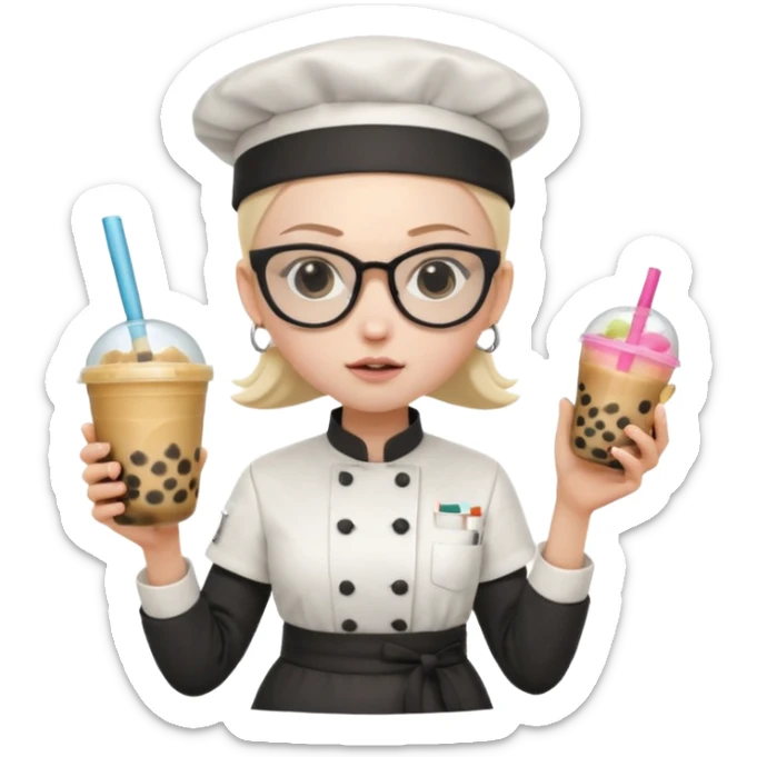 A Angry Teen Female with Pale skin and Bald, wearing a Uniform outfit, a Chef hat, Sunglasses, carrying a Wand, working as a scientist, while drinking Bubble tea and reading a Book.
 sticker
