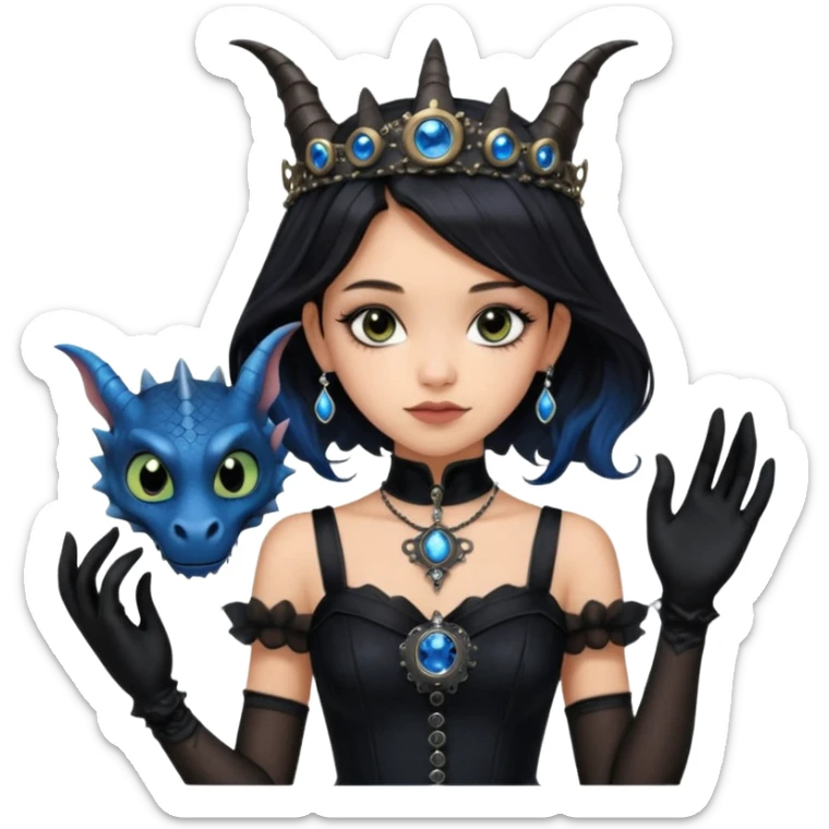 Slim fitting seductive dress Holed and worn Lavish black evening gown with see-through wispy black gloves, holding pose Jenna Ortega as student Addams woman wearing a steampunk style mini tiara, very large blue evil-looking horned old dragon companion with evil eyes  sticker