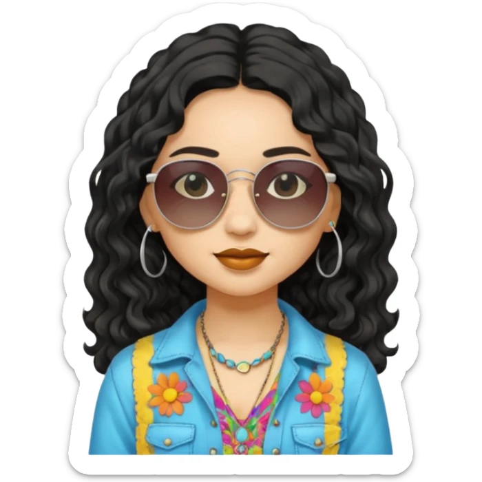 girl in hippies clothes, wearing sunglasses, black wavy hair sticker