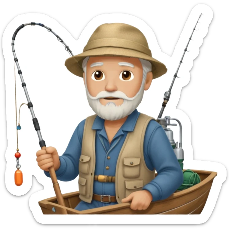 an old white haired, bearded man in fisherman attire, sat in a big boat on the ocean, holding one fishing rod in one hand, with the end of the fishing line touching the water sticker