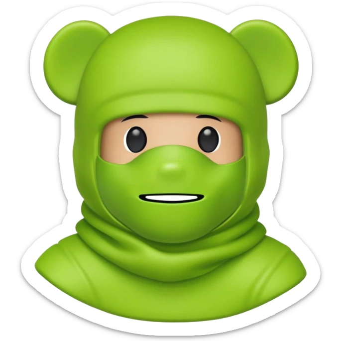 bearbrick toy wearing a lime green balaclava with relaxed but well-defined arched eyebrows visible above the mask sticker