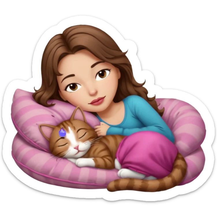 girl with long wavy brown hair, brown eyes, long lashes makeup, sexy pink lips, light to medium complexion,  sleeping on a cozy pillow, with brown tabby cat, sleeping sticker