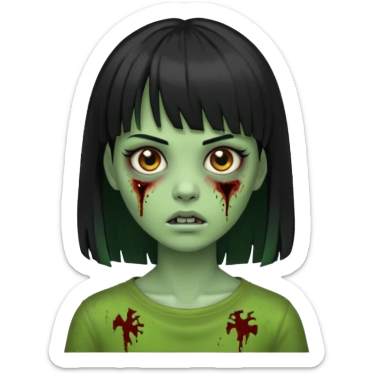 Emoji de uma garota zumbi com os cabelos longos, lisos e pretos. Ela usa uma franja curta. Pele verde  sticker