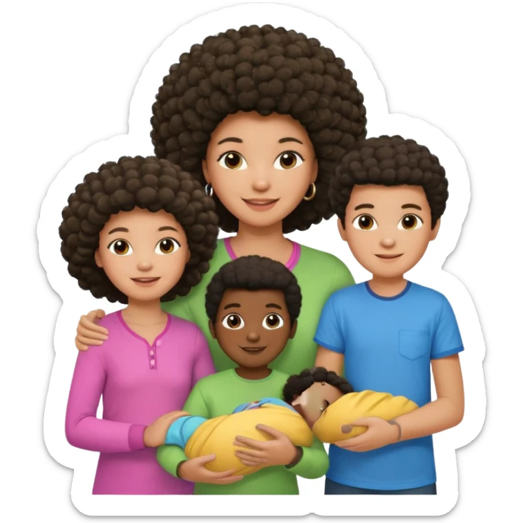 Family with a dark woman only with an afro hairstyle and a green shirt, two children: a boy with straight hair and a blue shirt, and a baby girl in a pink shirt. All are smiling. sticker