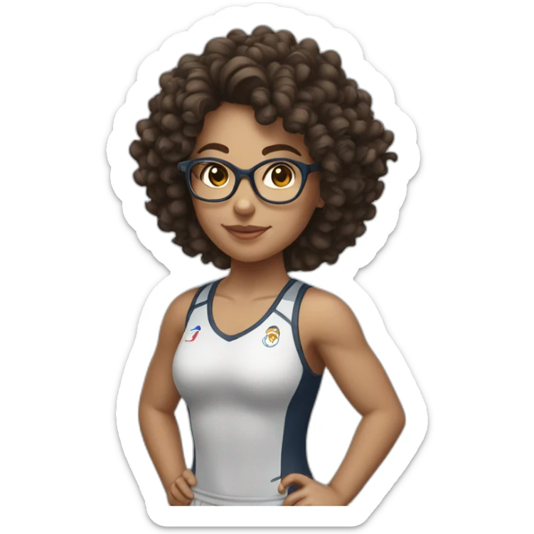 brunette girl with glasses and curly hair and sportif body sticker
