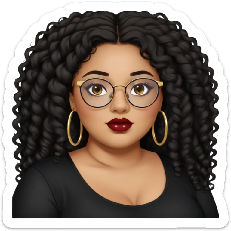 teen big plus size, latina, darker tan skin, gold hoops, long black curly hair, baddie,pretty, makeup, dark red lipgloss, black eyeliner, long hair, black shirt, black glasses sticker