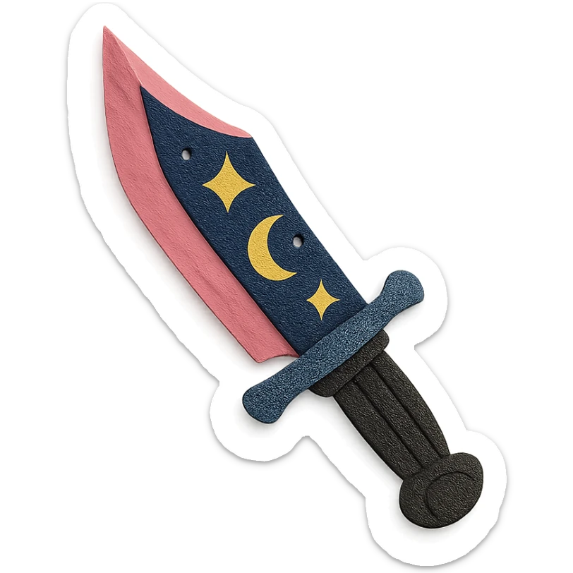 gothic knife with pink blade and starry night motif, paper craft style sticker