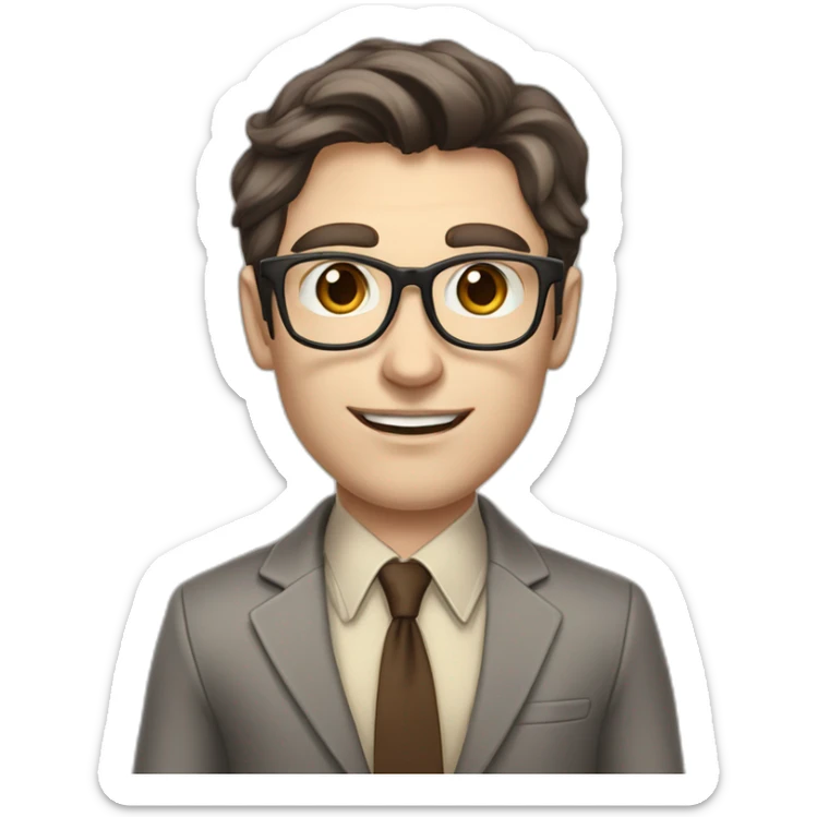 Pale skinned fit man with dark brown hair in gray jacket, beige office shirt, brown tie, brown pants and vintage glasses Writing on the flipchart sticker