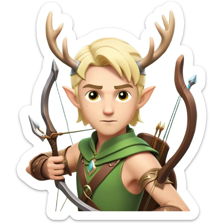 clash-of-clans-aesthetic-blond-male elf-archer-portrait-emoji, rendered in a flat, vector-style with minimal shading and bold holding his bow, simplified shapes, head tilted slightly forward with a determined, focused expression, riding a majestic stag whose antlers glow with mystical energy, set against an ancient, enchanted forest backdrop. sticker