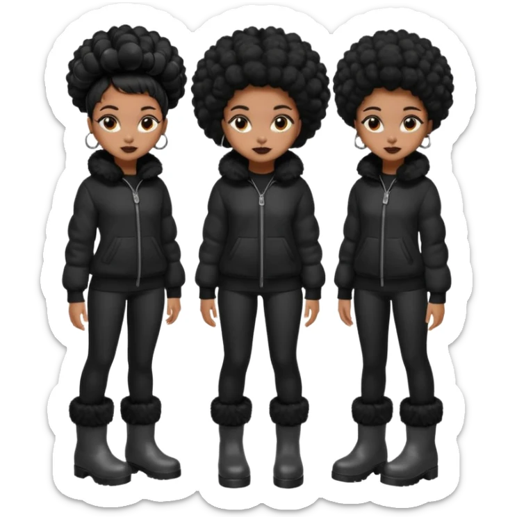 A brown skin girl that has a slim and thick body with black hair into two Afro puffs   and wears all black outfit with grey furry boots  sticker