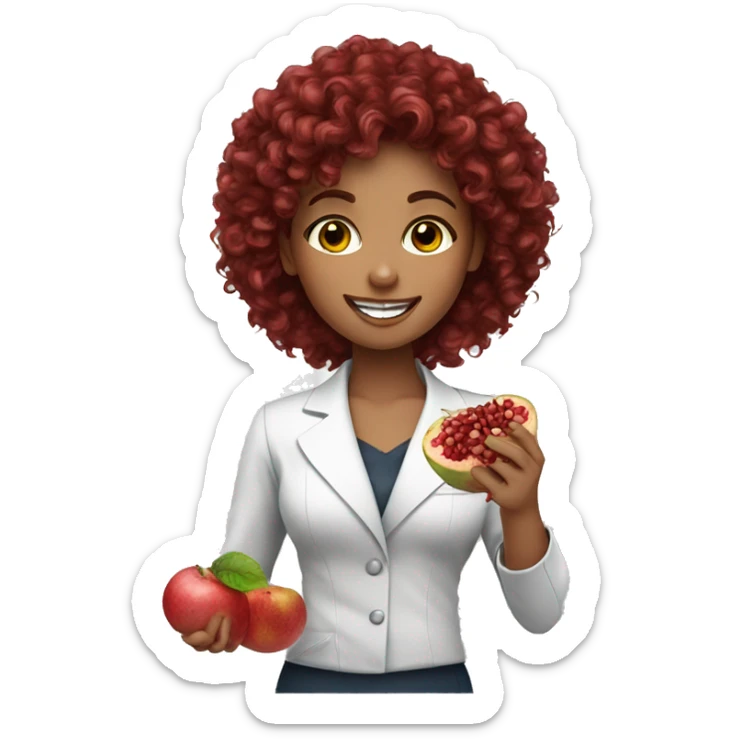 dietitian girl dark red curly hair eating a pomergranate sticker