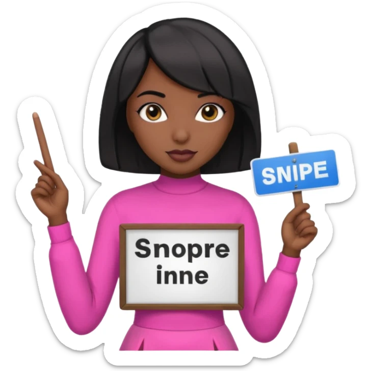Dark skin woman with black bob in hair holding sign that says snipe  wearing pink outfit  sticker