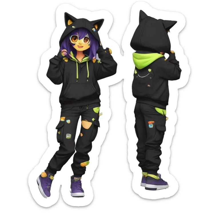 Edgy Anthro cool shy colorful urban beautiful pretty anime dark cat-Pokémon-fursona techwear cargo pants hoodie sticker