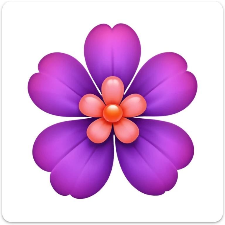 elegant flower emoji with five rounded purple petals, glowing coral-pink sphere in the center, light pink rounded square background, minimal intelligent sticker