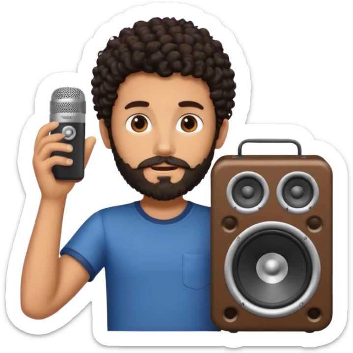 Boy with tanned skin, dark curly hair, a bit of a beard, and a music speaker in his hand. sticker