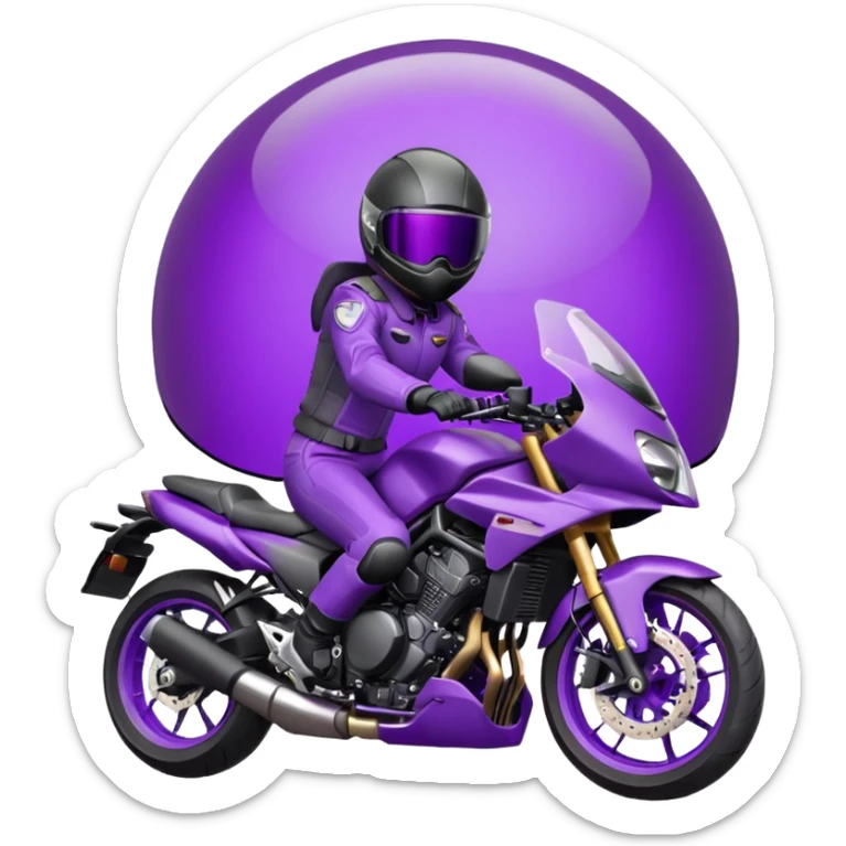 Créer un emoji avec une moto mt07 sport noir mate / violet iridescent très foncé. Avec une pilote dessus visière violet sombre faceless, bulle de la moto violet. Avec fond arrière violet sticker