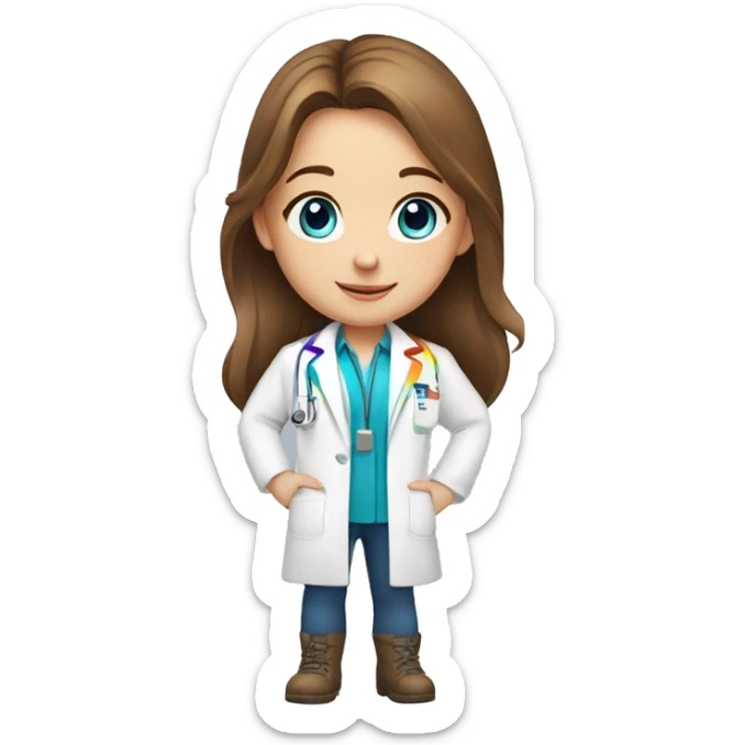 White young girl with long brown hair and blue eyes wearing a rainbow pharmacist coat sticker