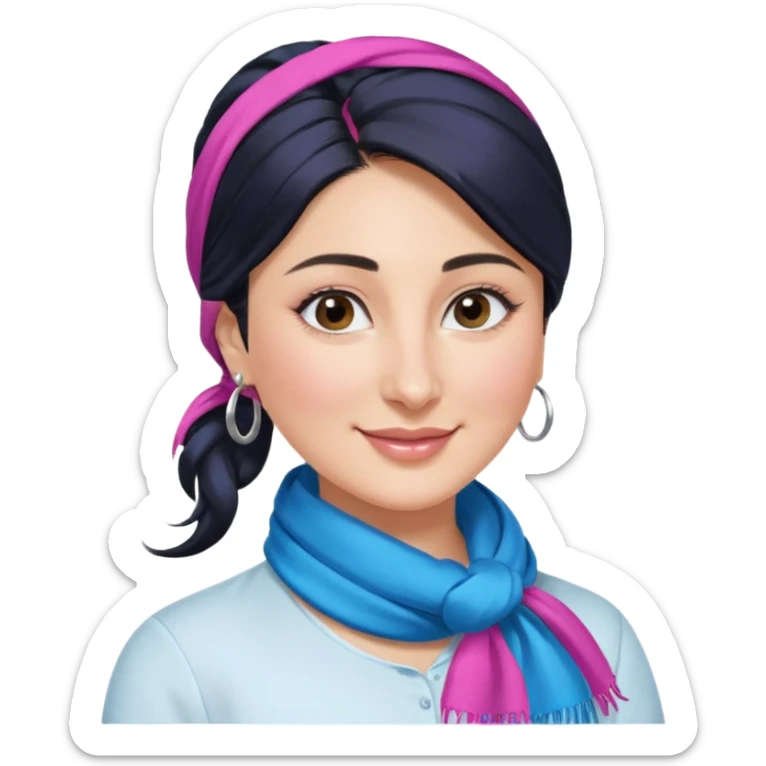 generate a pretty bratz emoji 
Make her wear a white shirt with a colorful blue-pink scarf wrapped around her neck. smiling big. Black hair tied into a side part ponytail, silver hoops and no necklace

She should look exactly  like Kareena Kapoor. kohl under eyes sticker