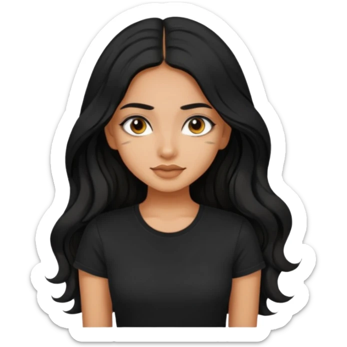 a pretty tan indian bratz girl. eyeliner on, wearing a black tshirt. wavy long BLACK coloured hair sticker