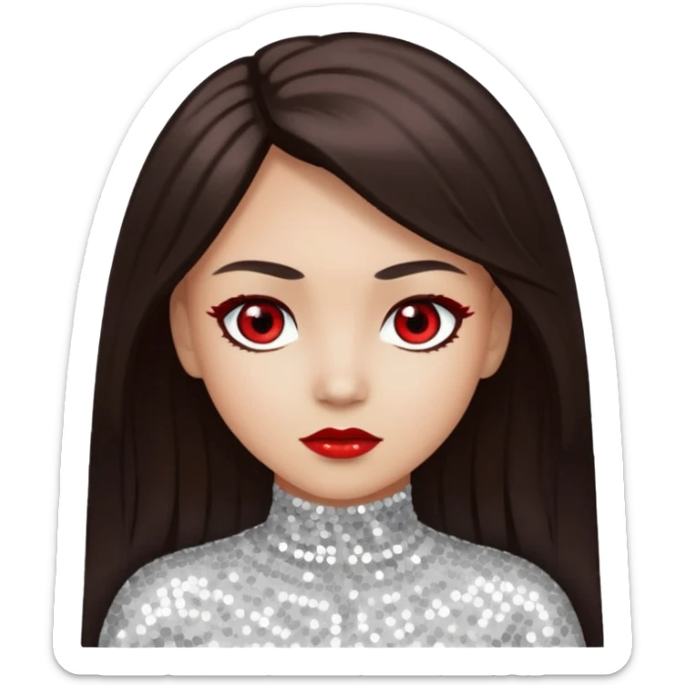 Bloody Mary with light skin, long dark brown hair, red eye, white sequin outfit sticker