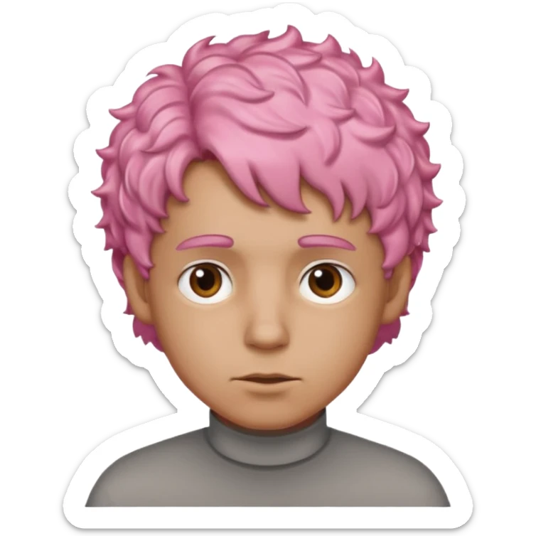 man with short, curly pink hair, light brown skin, and a neutral facial expression. sticker