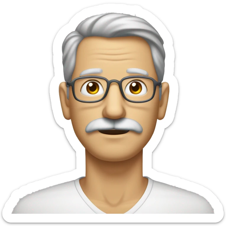 un hombre de mediana edad con un tono de piel claro. Lleva el pelo corto y gris, cortado al ras. Tiene un bigote delgado y oscuro. Sus ojos son marrones claros y están enmarcados por finas gafas redondas. Su nariz es recta y alargada. sticker