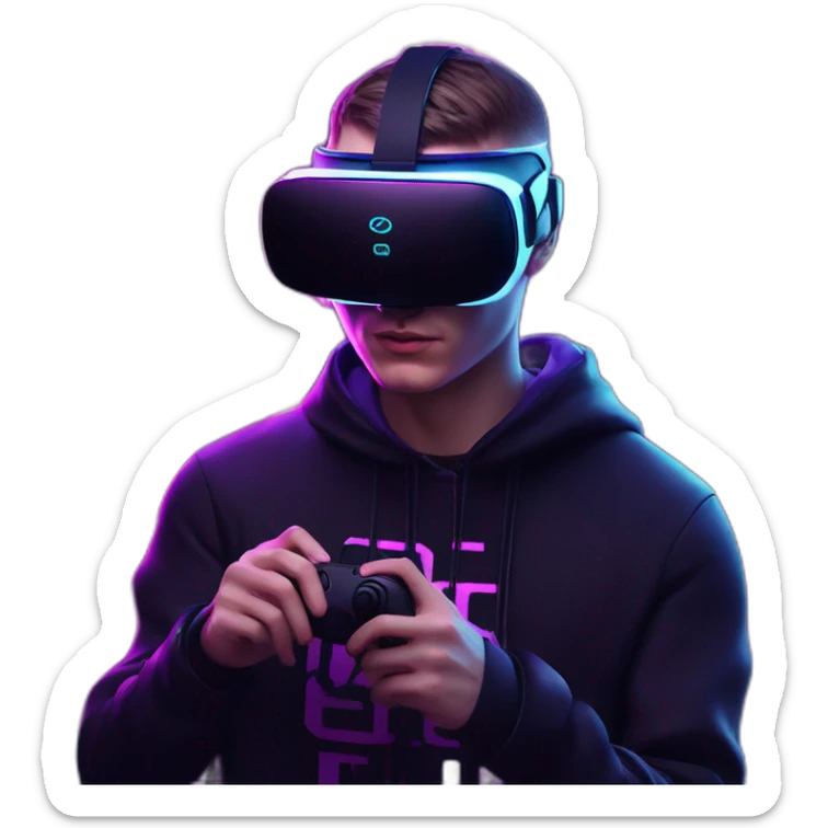 Russian young man wearing a black hoodie with "OMG" letters on it and VR headset in a cyberpunk VR environment with violet neon lighting. sticker