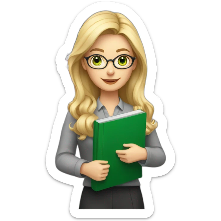 English teacher female with blonde hair and green eyes. with English book with usa flags sticker