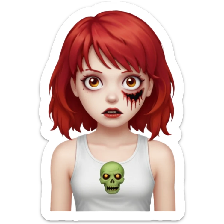 Uma menina de cabelo vermelho com franja, que seja uma zombie, e que esteja vestindo uma regata branca, cabelo médio e liso mais enrolado nas pontas  sticker