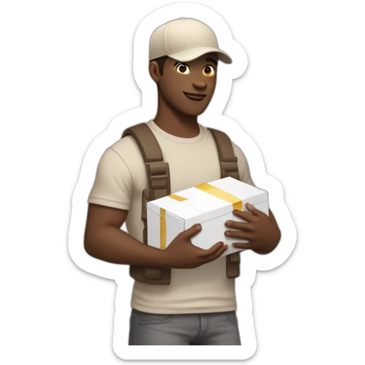 Pale skinned fit Man with dark brown hair in a beige cap, gray jeans, brown polo and white T-shirt keeping a pasted with tape white box into his hands sticker