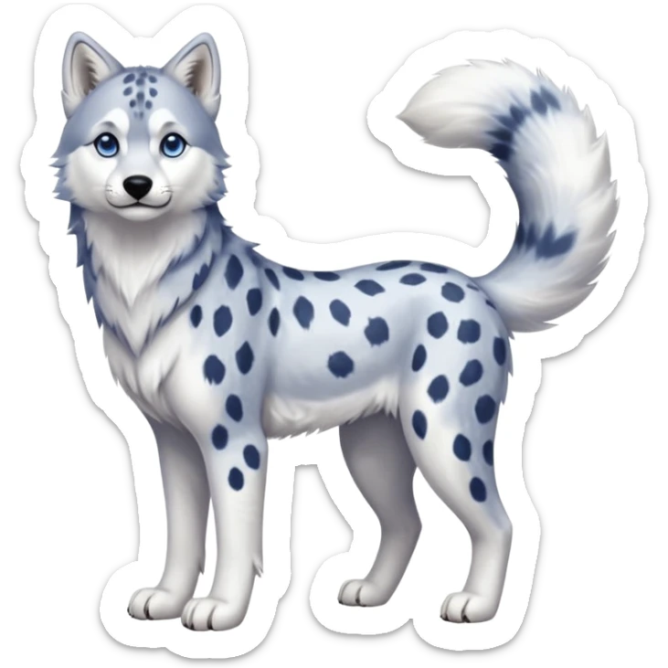 Realistic lanky natural feral beautiful pretty "Schnolf"-"TaniDaReal"-Husky-Snow-leopard-wolf-hybrid-fusion-animal-creature, full body, with whiskers, thick long fluffy tail sticker