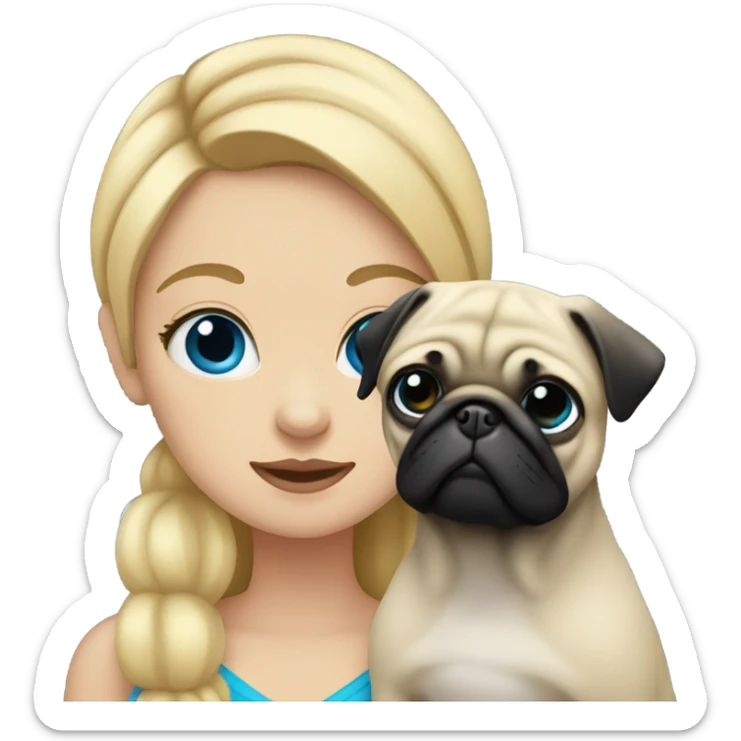 Girl with blonde hair and blue eyes holding a black pug sticker