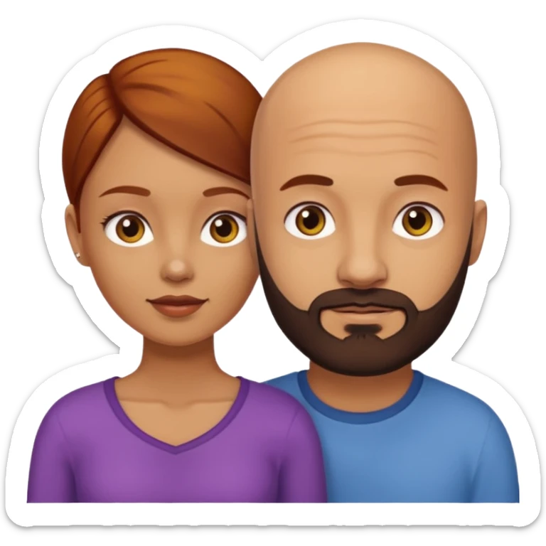 Couple. A bald man with dark brown beard and a girl with light skin. She has dark yellow brown auburn hair. sticker