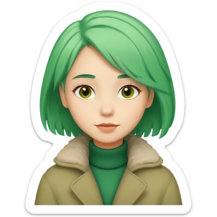 Girl with green hair wearing warm winter coat with a relaxed posture and friendly face sticker